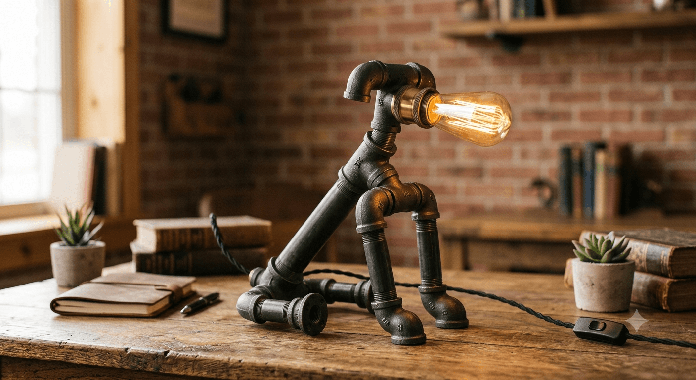 The Companion pipe lamp, a dog-shaped iron pipe lamp with a glowing Edison bulb muzzle, on a reclaimed wood desk