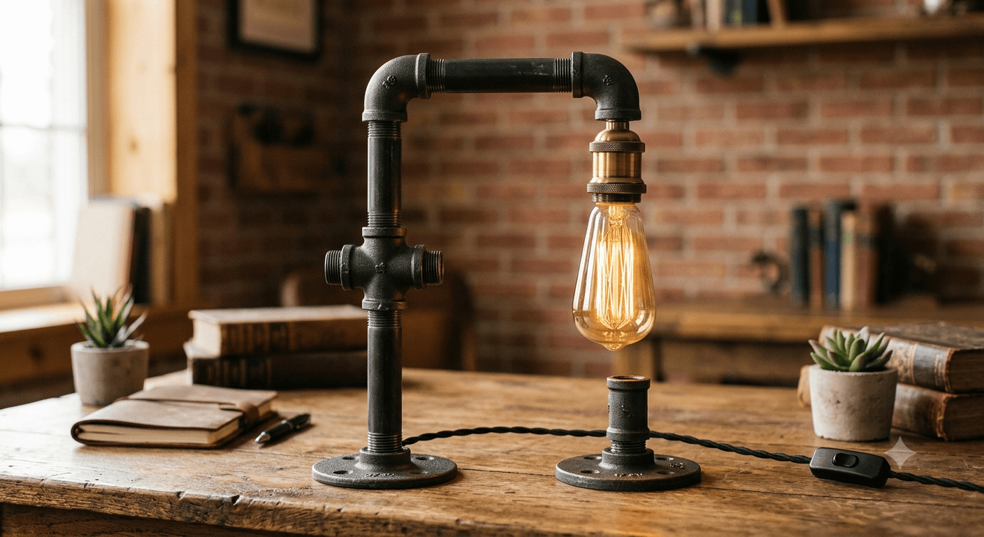 The Merced pipe lamp, a cantilevered black iron pipe desk lamp with a hanging Edison bulb, on a reclaimed wood desk