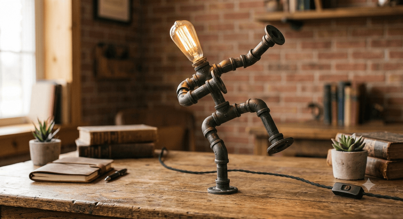 The Wayfarer pipe lamp, a figure of blackened iron pipe mid-stride holding a lit Edison bulb, on a reclaimed wood desk
